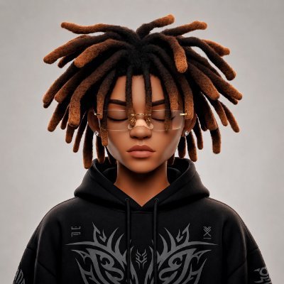 A 3D-rendered portrait of a young person with brown dreadlocks, round wire-rimmed glasses, and a black hoodie featuring tribal-style graphics, with eyes closed.