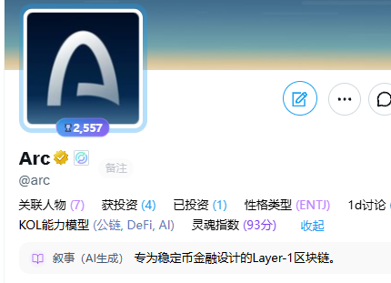 Profile card for Arc (@arc) showing 2,557 followers, labeled as a Layer-1 blockchain designed for stablecoin finance, with an ENTJ personality type and 93% soul index.