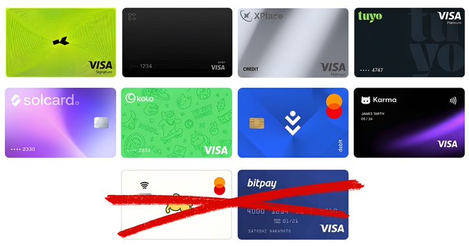 A grid display of various Visa and cryptocurrency debit cards from brands like XPlace, tuyo, solcard, Kolo, daifuku, Karma, and bitpay, with two cards crossed out in red in the bottom row.