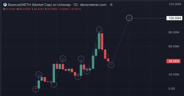 A candlestick chart displays the BasecatWETH (Market Cap) on Uniswap, with price action labeled "descreamer.com," highlighting recent whale buys of approximately $100,000 over the last 5 hours. The chart marks circled buy points across the recent uptrend, suggesting healthy consolidation that could push $BASECAT toward a $100 million market cap (currently at 30.04M).