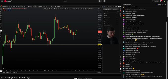 A live stream screenshot shows a Bitcoin/USD chart on TradingView with the presenter discussing why Bitcoin is declining. The chart displays a candlestick pattern with BTC trading around $107,000, while the live chat on the right features active engagement discussing trading setups, nPOC zones, and technical analysis of Bitcoin's movement.