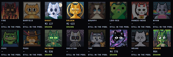 A grid of pixel-art cat character avatars with names such as FIRE, GARFIELD, GHOST, GOLDEN, GRUMPY, LOW-RES, MANEKI-NEKO, NYAN, PEPE, PUSS, SATOSHI, SKELETON, TOM, VOID, WOJAK, and ZOMBIE, many marked as "STILL IN THE POOL" or "DRAWN".