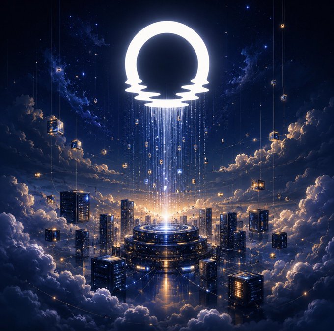 A glowing white logo hovers above a futuristic, cloud-surrounded cityscape where data streams cascade down onto a circular platform, symbolizing constant connectivity and round-the-clock infrastructure. The illuminated skyline and floating server-like cubes reinforce the message of a technology "built for a world that never stops."