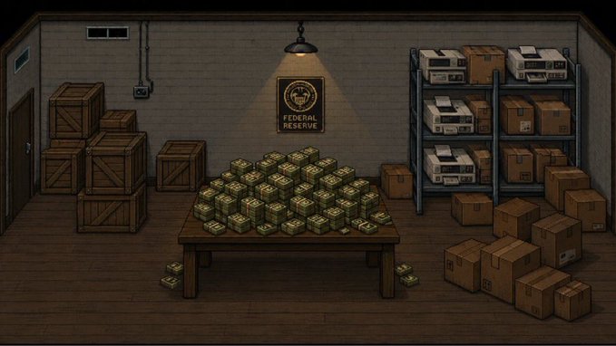 A pixel-art scene depicts a Federal Reserve storage room filled with wooden crates, cardboard boxes on metal shelves, and a large pile of cash stacked on a central table under a hanging lamp.