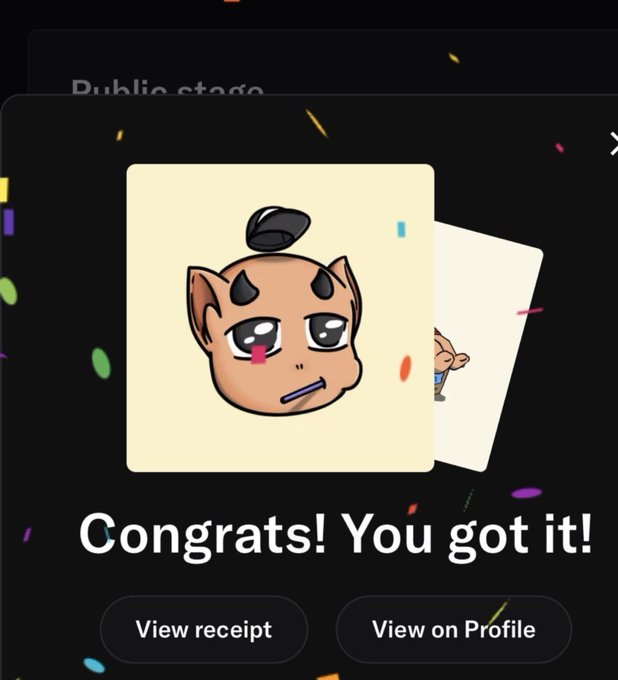 A screenshot of a digital collectible reward interface displays a cartoon character with horns and a beret, with the text 'Congrats! You got it!' along with buttons for 'View receipt' and 'View on Profile'.