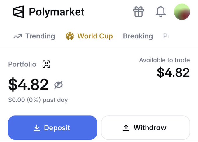 A screenshot of a Polymarket account portfolio showing a starting balance of $4.82 available to trade, with the World Cup tab highlighted—illustrating the user's beginning prediction market journey funded by @TeaonaX, with a goal to grow the account to $20.