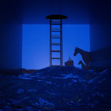 A dark, blue-tinted scene of a horse and rider silhouette standing on rocky terrain near a tall ladder under a circular opening.