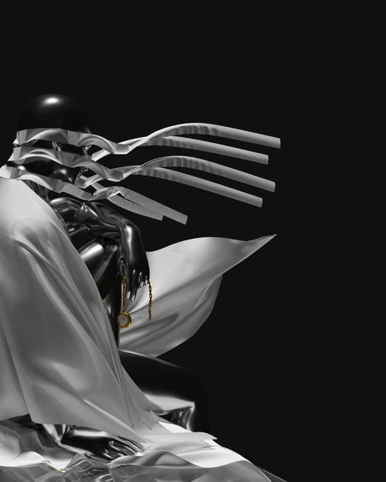 A stylized 3D digital artwork depicts a glossy black figure draped in flowing white fabric, wearing a black sphere over its head, with ribbon-like strips extending outward and holding a gold pocket watch.