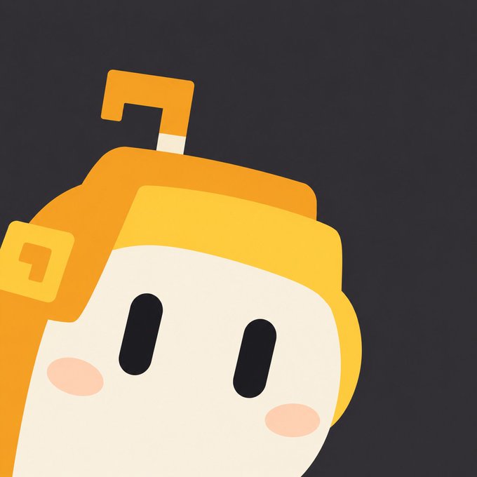 A cartoon illustration features a cute, round character with a yellow antenna-like appendage on its head, simple black oval eyes, and pink blushing cheeks against a dark gray background.