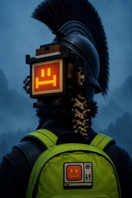 An AI-generated image of a knight wearing a helmet with a black plume, featuring a digital/pixelated smiling face instead of a human face, carrying a bright green backpack with a smiley face patch.
