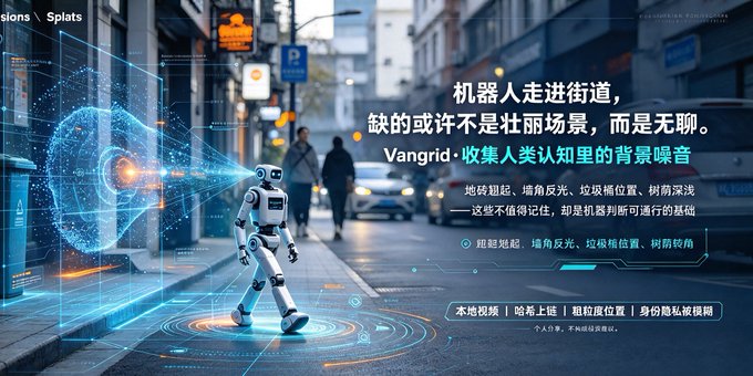 A promotional graphic showing a humanoid robot on a city street with Chinese text introducing 'Vangrid', a project for collecting human background noise data for robots.