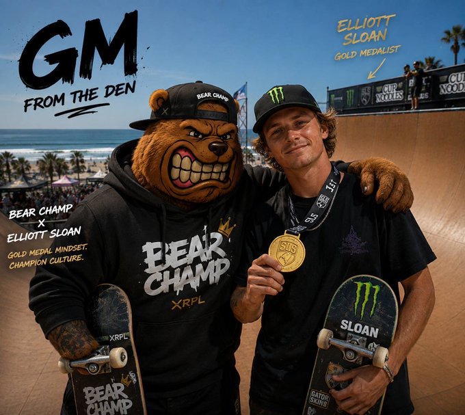 A bear mascot in a "BEAR CHAMP XRPL" hoodie poses with skateboarder Elliott Sloan, who displays his gold medal and a skateboard branded with "SLOAN" alongside the text "GM FROM THE DEN" and "BEAR CHAMP X ELLIOTT SLOAN GOLD MEDAL MINDSET, CHAMPION CULTURE." The image promotes the $BCHAMP community celebrating Elliott Sloan and his new $RampCoinSol project on Solana, tying the gold medal win to the skate culture crossover.