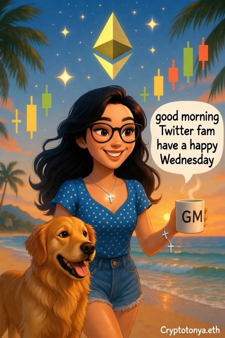 A cartoon-style illustration features a woman with a golden retriever holding a 'GM' coffee mug, accompanied by the text 'good morning Twitter fam have a happy Wednesday' and 'Cryptonya.eth'.