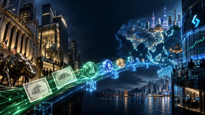 A stylized digital composite showing global finance and cryptocurrency, featuring the Wall Street bull statue, floating dollar bills, crypto coin icons, a glowing world map, and modern city skylines.