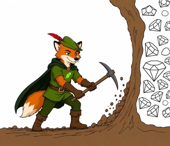 A cartoon fox dressed in a green tunic and cape wields a pickaxe against a cliff filled with diamond-shaped gems, symbolizing the hunt for hidden value. The image visually reinforces the post's message about $FOX being a promising crypto asset worth watching for potential breakout gains.