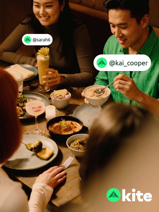 A promotional image for 'kite' showing friends enjoying a meal together, with social media handles '@sarah6' and '@kai_cooper' displayed in chat bubble-style tags.