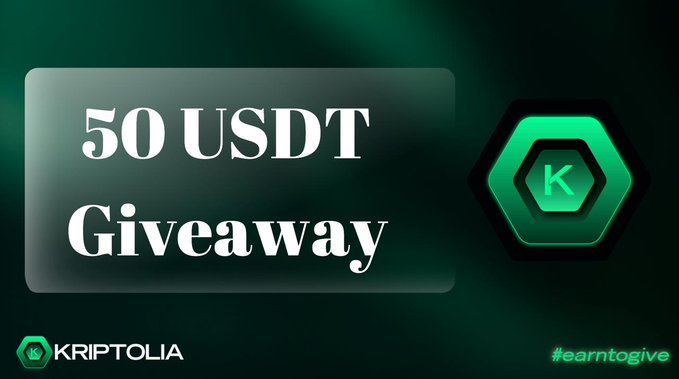 A promotional graphic featuring "50 USDT Giveaway" in bold white text on a dark green background, alongside the Kriptolia logo (a green hexagon with a "K") and the hashtag "#earntogive" at the bottom. The image visually advertises the 50 USDT crypto giveaway mentioned in the post, sponsored by @walllet_com_TR for two winners at 25 USDT each.