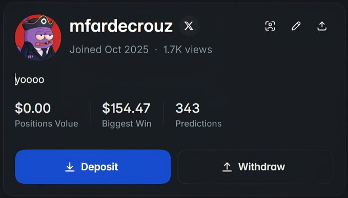 Screenshot of a Polymarket profile for user "mfardecrouz" (@x) showing $0.00 Positions Value, $154.47 Biggest Win, and 343 Predictions, corroborating the post's claim of having made 343 predictions.
