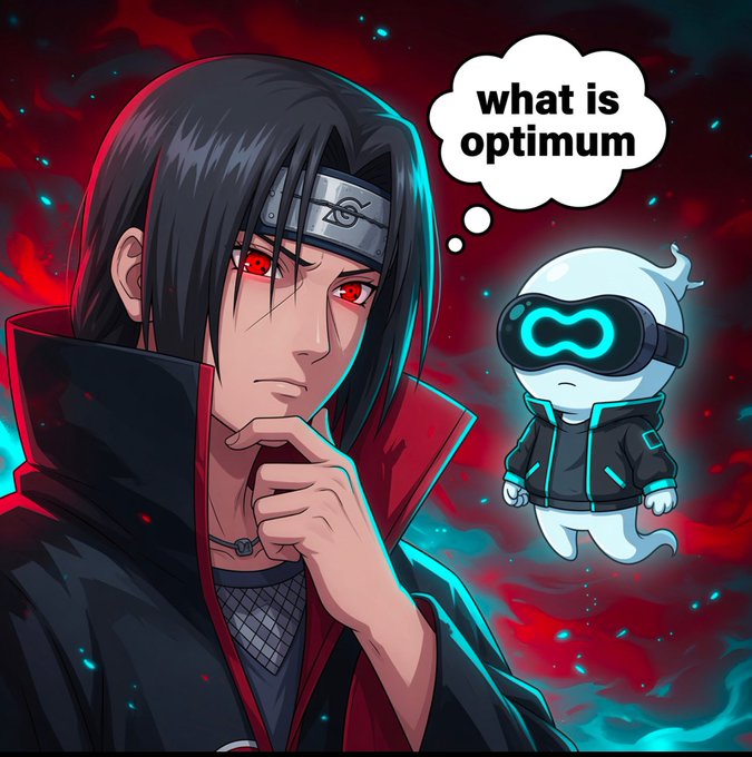Anime-style illustration of an Itachi-like character with red eyes and Akatsuki headband thinking 'what is optimum' about a small white ghost-like mascot wearing VR goggles, with red and cyan background.
