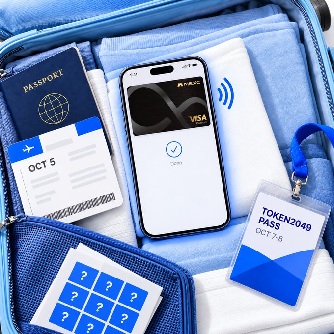 A packed suitcase features a MEXC Visa card on a smartphone screen displaying "Done," alongside a passport, an Oct 5 boarding pass, a Token2049 pass for Oct 7-8, and a grid of question mark tiles—teasing the upcoming MEXC Card launch for attendees.