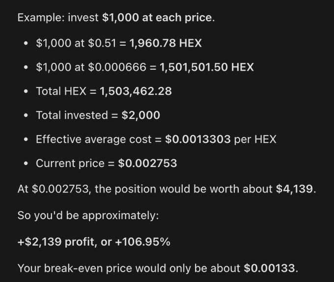 A text-based graphic provides an example calculation for investing in HEX cryptocurrency, showing a total investment of $2,000 yielding approximately +$2,139 profit (+106.95%) at a current price of $0.002753.