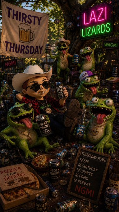 A whimsical, AI-generated scene titled 'THIRSTY THURSDAY' featuring a cowboy figure surrounded by animated lizards in cowboy hats, neon signs reading 'LAZY LIZARDS' and 'WAGMI', beer cans labeled 'DEGEN BREW', pizza, and a chalkboard listing 'THURSDAY PLAN: SIP, SHITPOST, CHARTS, FOMO, REPEAT NGMI'.