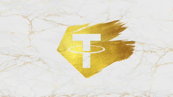 The image features an advertisement for a new type of cryptocurrency called "Tether". The logo for this cryptocurrency is displayed prominently against a white background with a gold border. The text accompanying the logo reads, "Just In: Tether is launching a tokenized gold Visa card with $XAUT rewards. Spend fiat anywhere Visa is accepted, earn gold on-chain." This suggests that users can spend their fiat currency to obtain gold tokens and then use these tokens for various transactions or purchases.