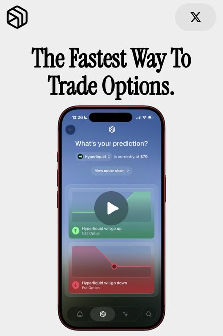 An advertisement for a trading app featuring the headline 'The Fastest Way To Trade Options' with a smartphone mockup showing a prediction interface for Hyperliquid with Call/Put options.