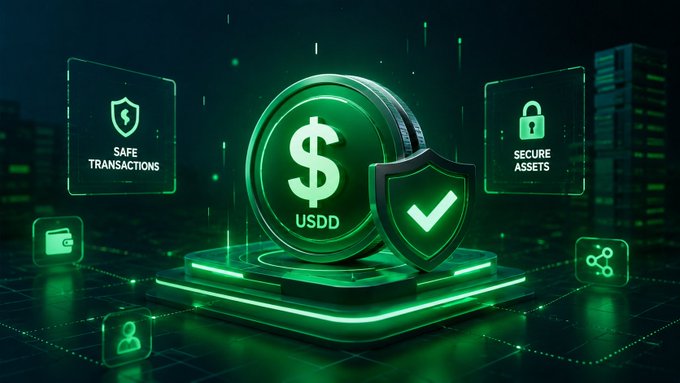 A glowing green USDD stablecoin sits on a digital platform surrounded by icons highlighting "SAFE TRANSACTIONS" and "SECURE ASSETS," with a shield and checkmark emphasizing protection. The imagery reinforces the post's message about prioritizing thorough verification and secure transaction practices in crypto.