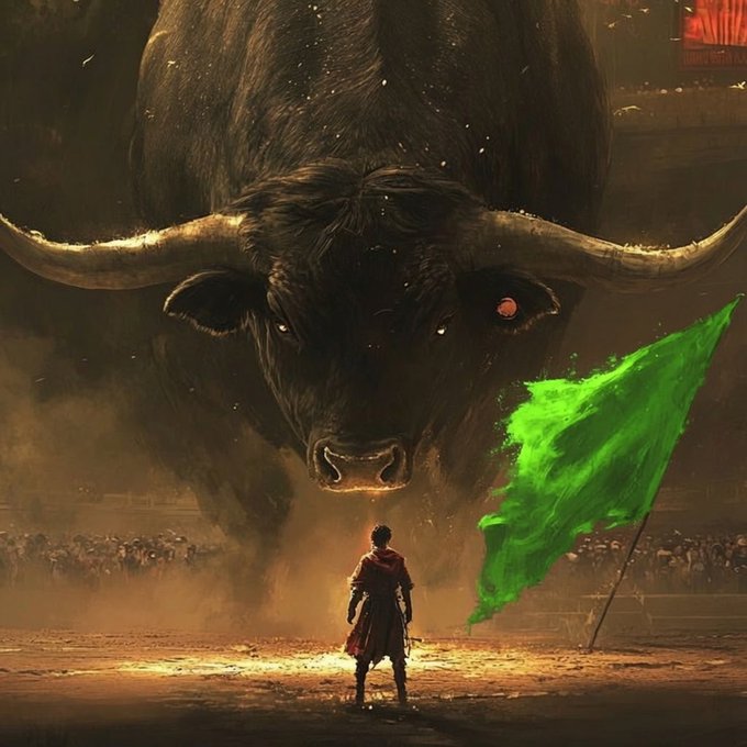 A dramatic digital artwork shows a tiny gladiator with a large green flag facing a massive black bull with glowing eyes in an arena.