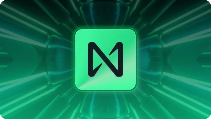 A green logo with a stylized black 'N' or 'M' symbol centered on a radiating green background.