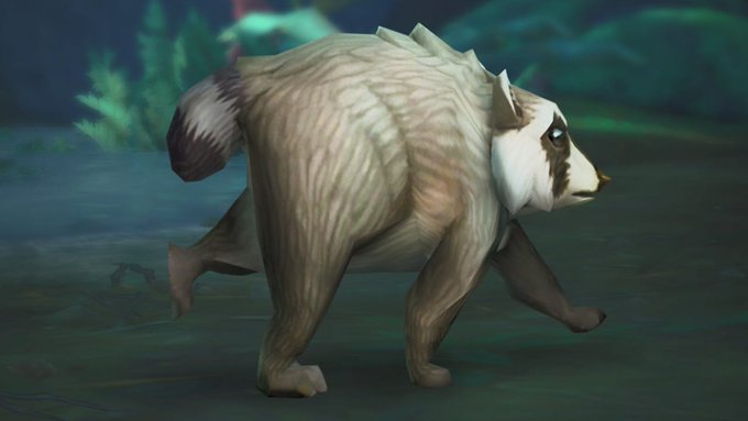 A 3D render of a bear-like creature with cream and brown fur walking in a forest environment, appearing to be from a video game.