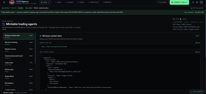 A developer documentation page for X402 Agency showing 'Mintable trading agents' configuration with BirdEye market data, MCP URL (https://x402.birdeye.dev/), and a JSON MCP client config snippet, with a 'CONNECT WALLET' button in the top right.