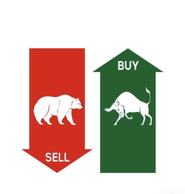 An infographic showing a red downward arrow with a white bear labeled "SELL" and a green upward arrow with a white bull labeled "BUY," illustrating classic stock market trading signals.