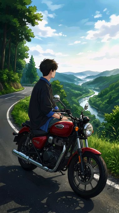 An anime-style illustration of a young man in a black and blue outfit sitting on a red motorcycle, looking out over a scenic mountain landscape with a winding river.
