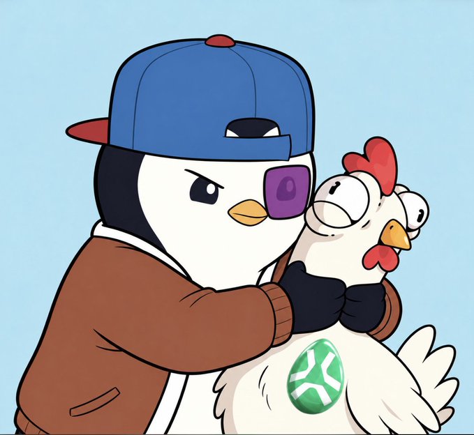 A cartoon illustration of a penguin character wearing a backwards cap and eyepatch, holding a startled chicken.