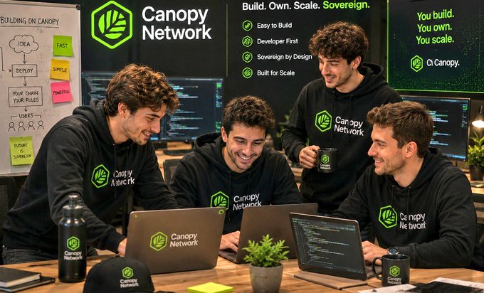 A promotional image for 'Canopy Network' showing four men wearing black Canopy Network hoodies gathered around laptops in a workspace, with text reading 'Build. Own. Scale. Sovereign.' and 'You build. You own. You scale.'