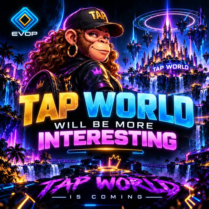 A vibrant promotional graphic for 'EVOP' featuring a monkey character wearing a 'TAP' cap, with text reading 'TAP WORLD WILL BE MORE INTERESTING' and 'TAP WORLD IS COMING' against a neon-lit fantasy cityscape.