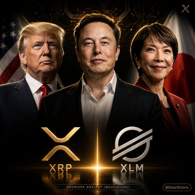 This image features Donald Trump, Elon Musk, and Yuriko Koike with the XRP and XLM cryptocurrency logos, implying their support for digital finance and the recent Ripple case closure in August 2025. The user's post further elaborates on this narrative.