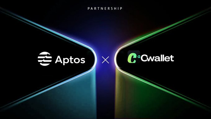 A promotional graphic announcing a "PARTNERSHIP" between Aptos and Cwallet, featuring both company logos side-by-side with a glowing "X" between them, visually representing the collaboration described in the post about building accessible crypto infrastructure on Aptos's high-performance L1 blockchain.