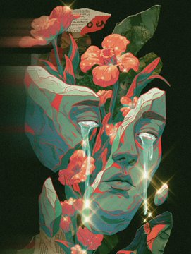 A surreal digital artwork blending a green-toned face with bright pink flowers growing from its head and face, set against a dark background.