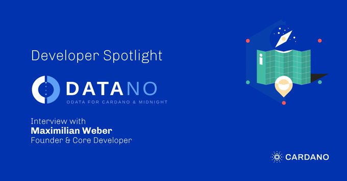 The image is a promotional banner for a "Developer Spotlight" featuring Maximilian Weber, Founder & Core Developer of ODATANO ("OData for Cardano & Midnight"), with a stylized illustration of a map and location pin on a blue background alongside the Cardano logo. It visually introduces the interview about how ODATANO brings enterprise-grade data integration to the Cardano ecosystem.