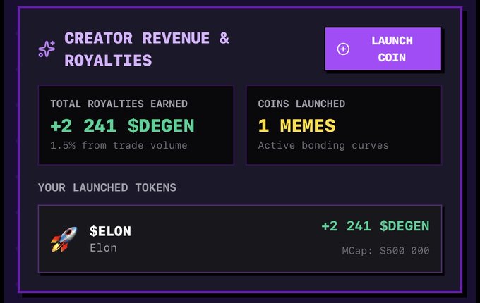 A dark-themed dashboard UI showing 'CREATOR REVENUE & ROYALTIES' with total royalties earned of '+2 241 $DEGEN', 1 meme coin launched, and a token named '$ELON' with MCap $500,000.