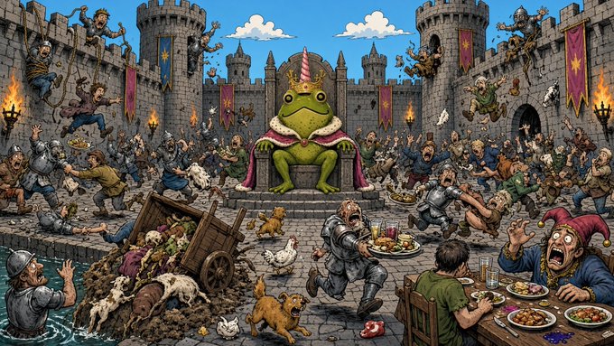 Whimsical fantasy castle scene featuring a crowned frog king on a throne surrounded by chaotic medieval figures, knights, peasants, chickens, dogs, and feasting at tables.