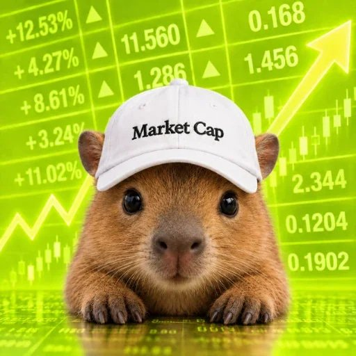 A meme image featuring a capybara wearing a white cap that says 'Market Cap', set against a background of a green stock market chart with rising percentages.