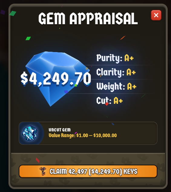 A 'GEM APPRAISAL' screen from a game shows a blue gem valued at $4,249.70 with all A+ ratings, offering a 'CLAIM 42,497 ($4,249.70) KEYS' option.