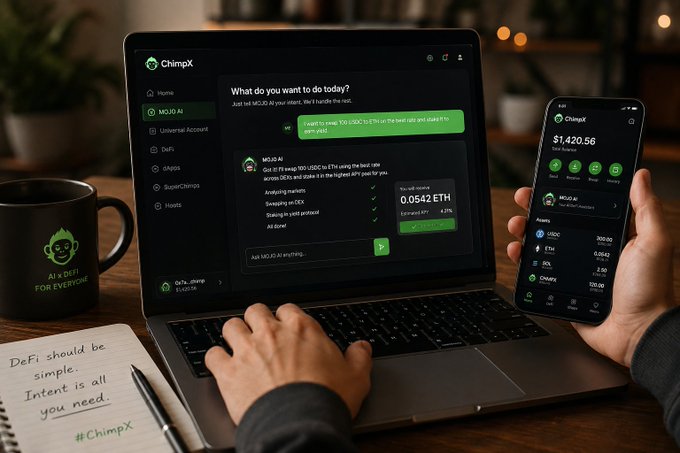A person uses a laptop and smartphone displaying the "ChimpX" DeFi platform interface, with the AI assistant showing tasks like swapping 100 USDC to ETH; a notebook reads "DeFi should be simple. Intent is all you need. #ChimpX."