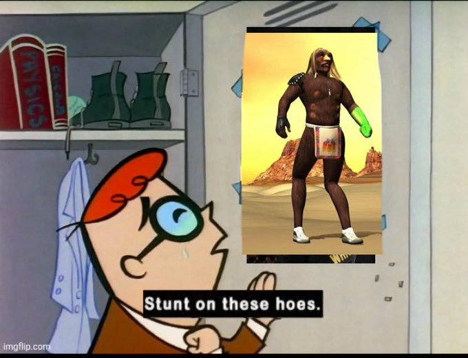 A cartoon character wearing glasses and a red cap stares in shock at a muscular figure on a poster, with the caption 'Stunt on these hoes.'