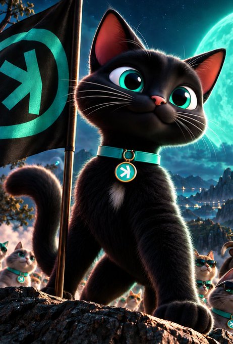 AI-generated digital artwork of an anthropomorphic black cat with large teal eyes wearing a teal collar with a symbol medallion, standing heroically next to a flag bearing a teal logo, with other cats wearing sunglasses in the background under a large moon.