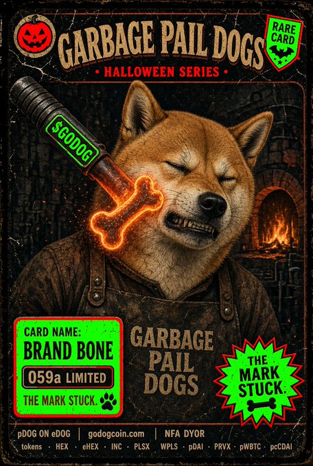 A 'Garbage Pail Dogs' Halloween Series trading card titled 'BRAND BONE' featuring a dachshund holding a glowing bone ($GODOG), labeled as a rare card from godogcoin.com.